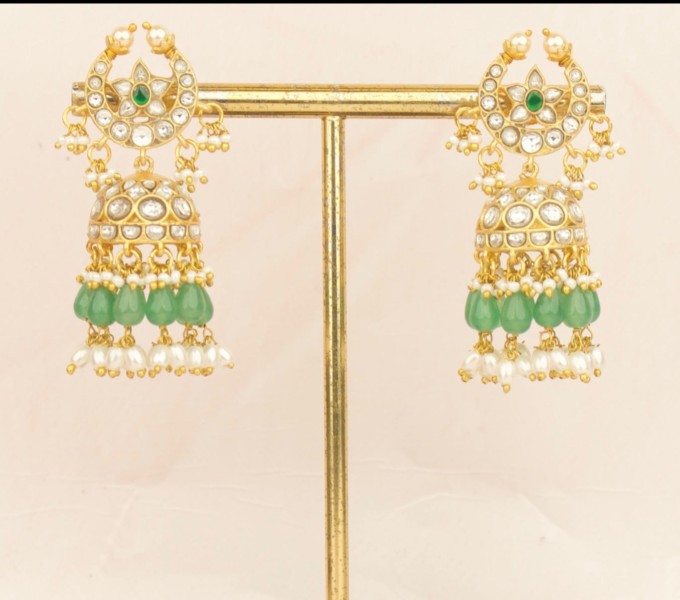 Chandbali Studded Jadau Kundan Jhumki With Green Beads & White Pearl Hanging - DULHAN JEWELS