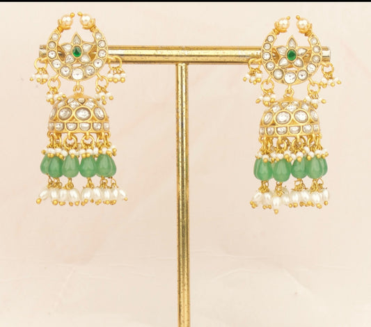 Chandbali Studded Jadau Kundan Jhumki With Green Beads & White Pearl Hanging - DULHAN JEWELS