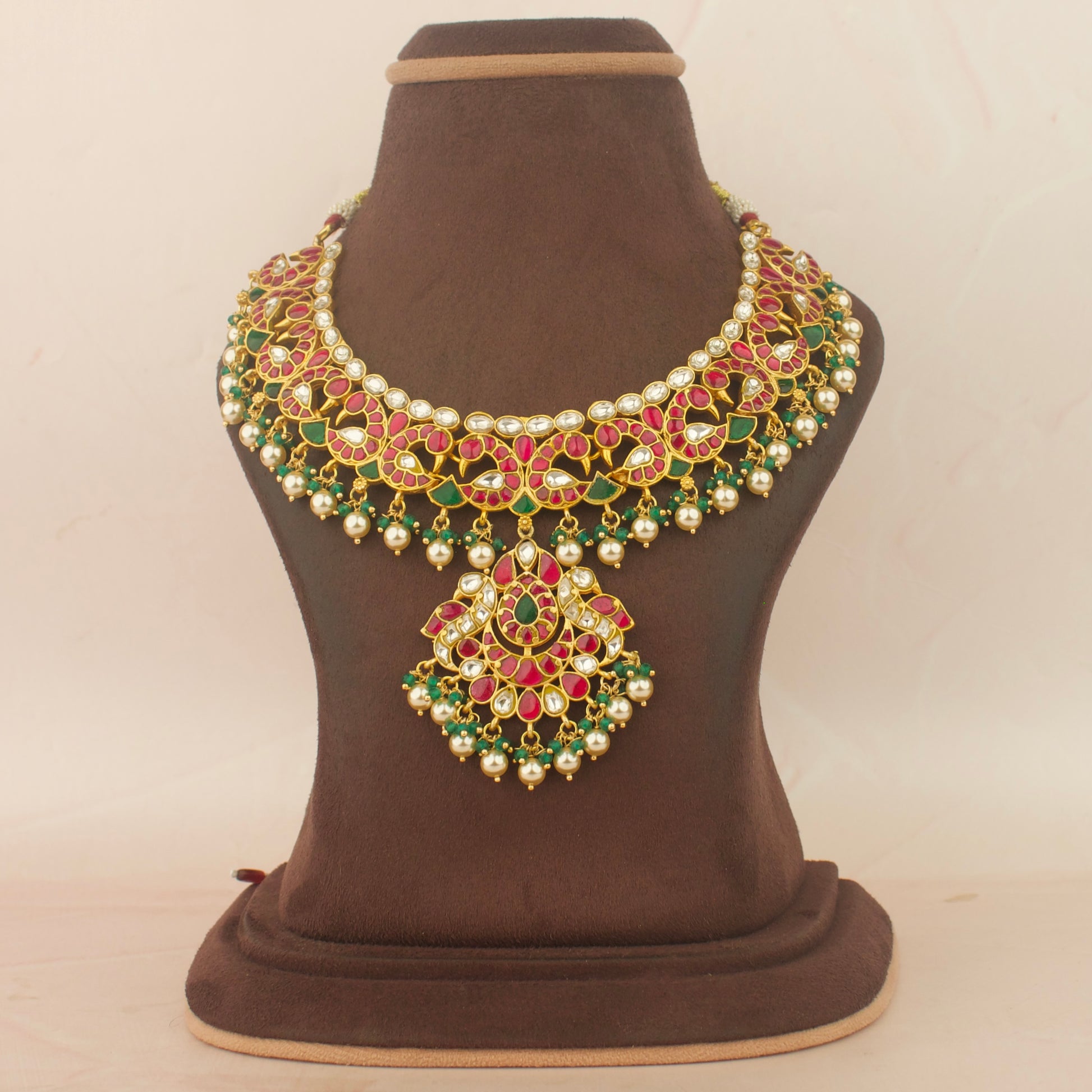 Gold Inspired Jadau Kundan Traditional Peacock Design Necklace With Swarovski Hangings