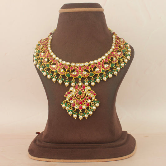 Gold Inspired Jadau Kundan Traditional Peacock Design Necklace With Swarovski Hangings