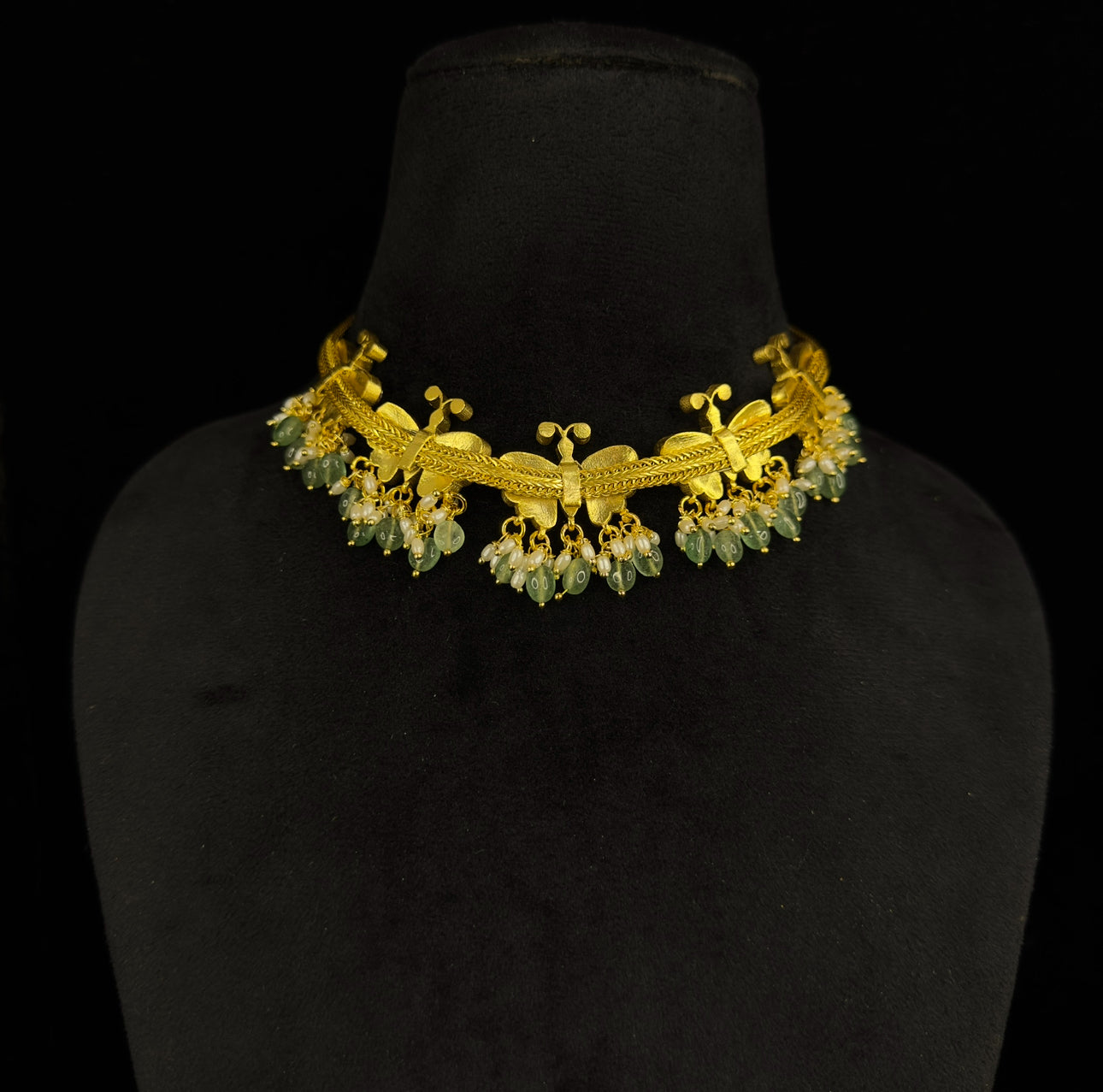 Whimsical Butterfly Delight: Jadau Kundan Necklace with Green Bead