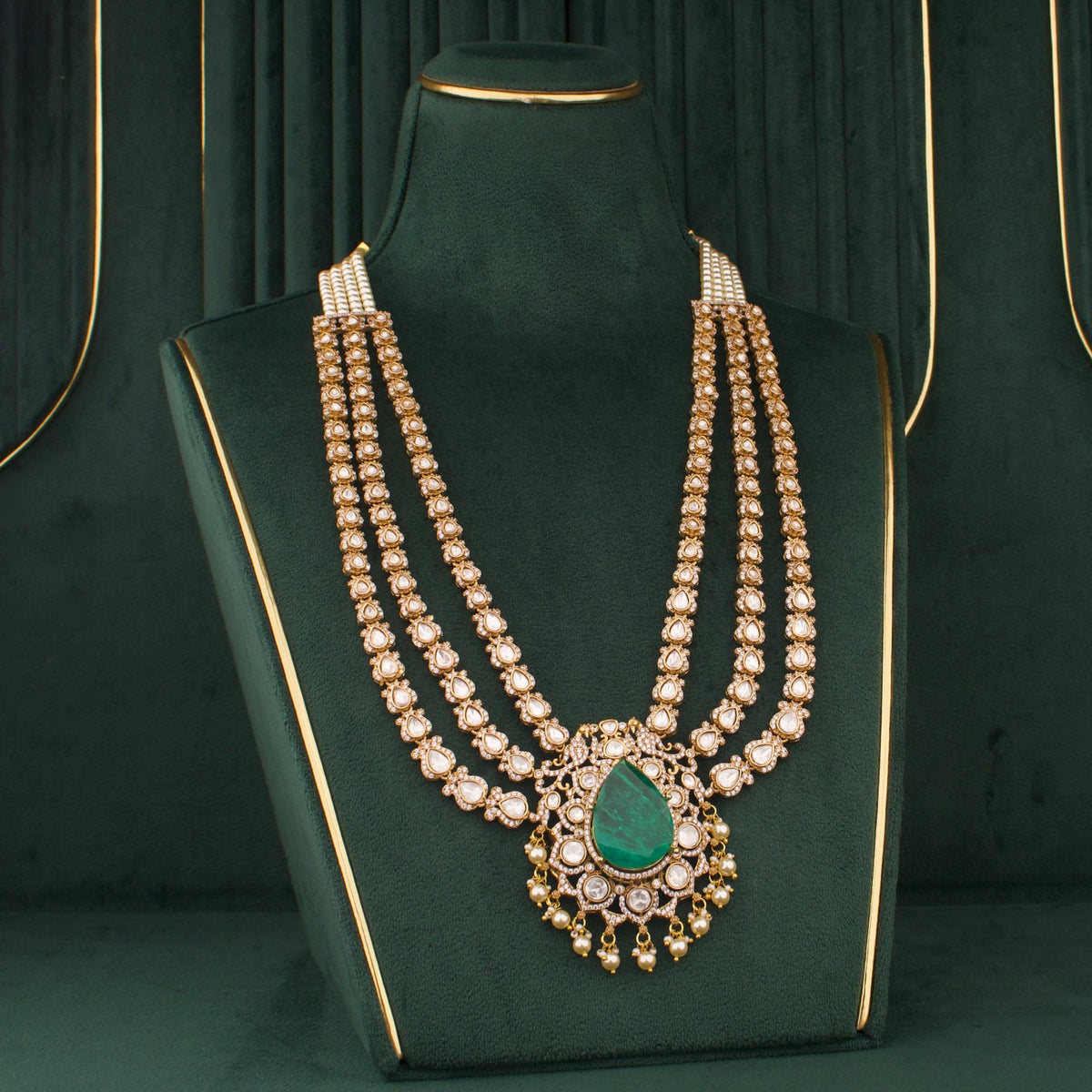 Triple Layer Victorian Emerald Necklace With Matching Earrings