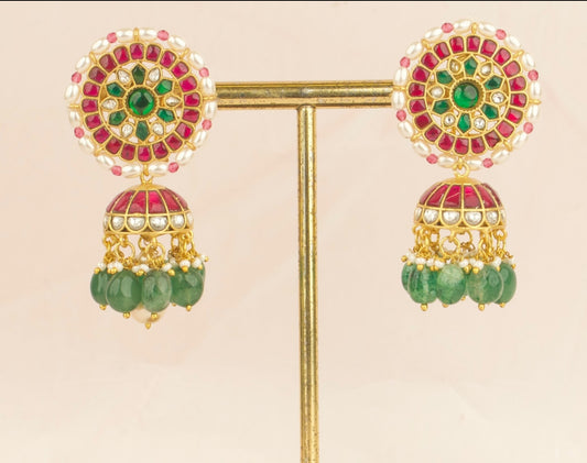 Stunning Jadau Kundan Jhumki With Pearl Bordering - DULHAN JEWELS