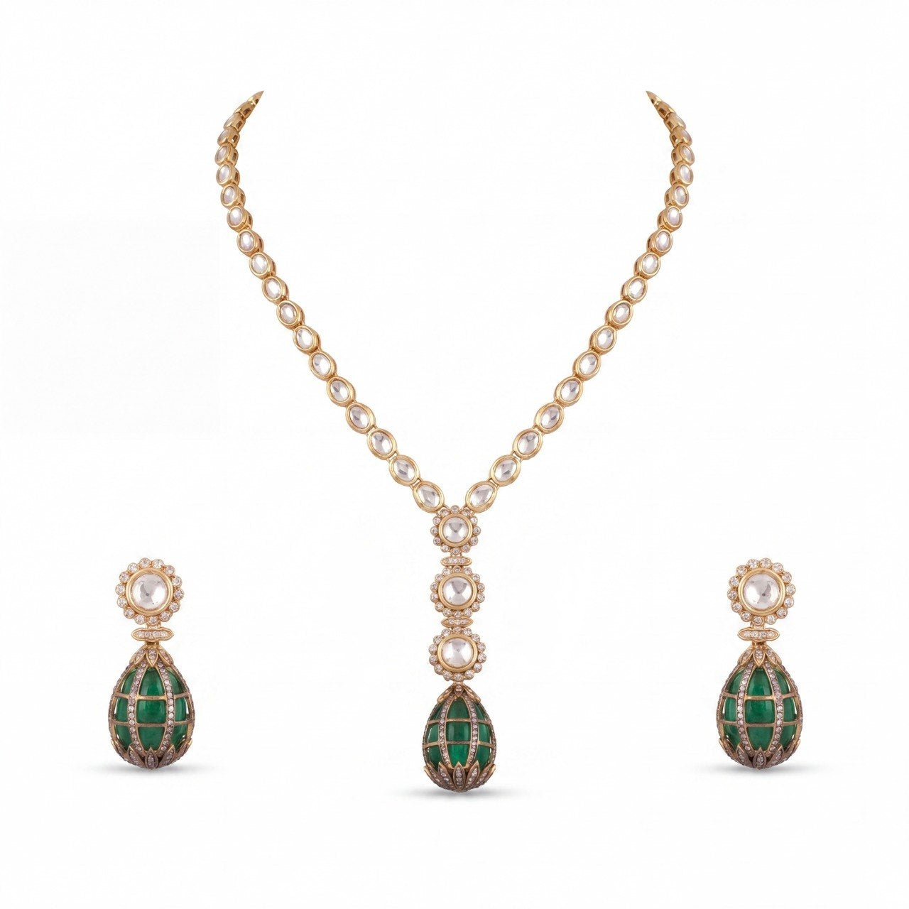 Minimal Polki Drop Necklace Set With Matching Earrings
