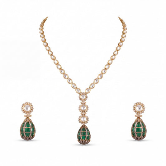 Minimal Polki Drop Necklace Set With Matching Earrings