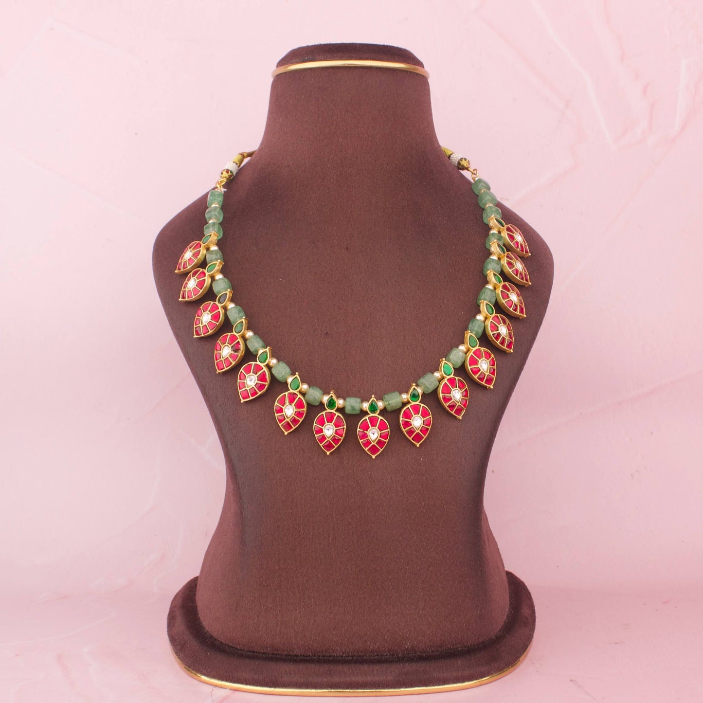 Elegant Jadau Kundan Beads Necklace Set With Ruby Leaf Motifs