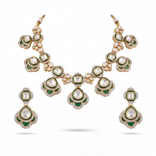 Premium Multicolor Petal Charm Victorian Polki Necklace Set adorned with ruby stones, emerald