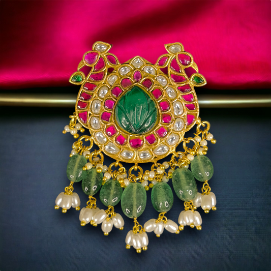 Peacock & Mango Jadau Kundan Pendant with Green Beads This product belongs to Jadau Kundan jewellery 