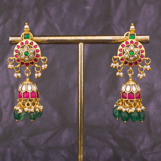 Ethnic Jadau Kundan Jhumki Earrings With Pearl Hangings And Green Beads