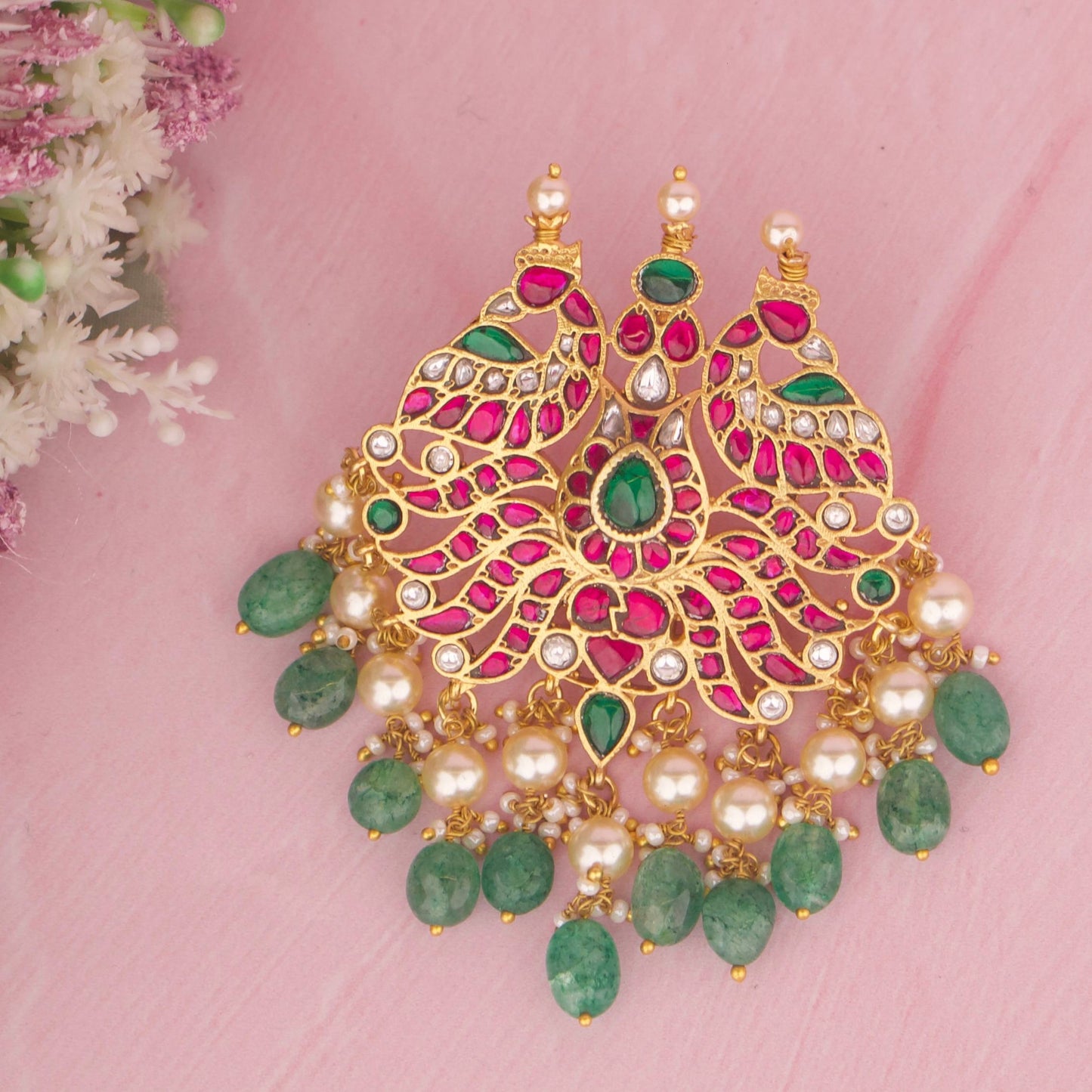 Elegant Jadau Kundan Pendant With Swarovski Pearls And Beads Hangings