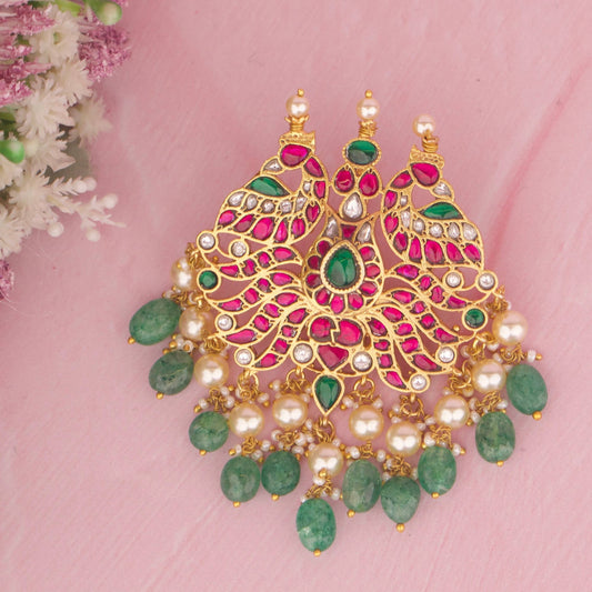 Elegant Jadau Kundan Pendant With Swarovski Pearls And Beads Hangings