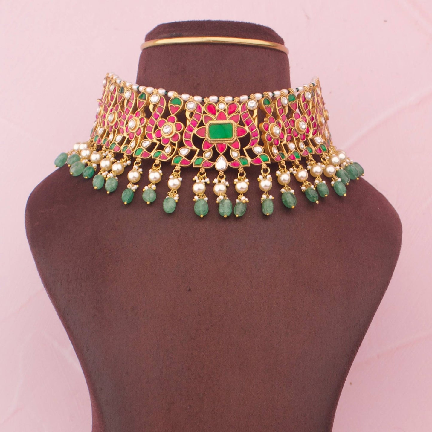 Royal Floral Jadau Kundan Choker with Emerald Center And Pearl Drops
