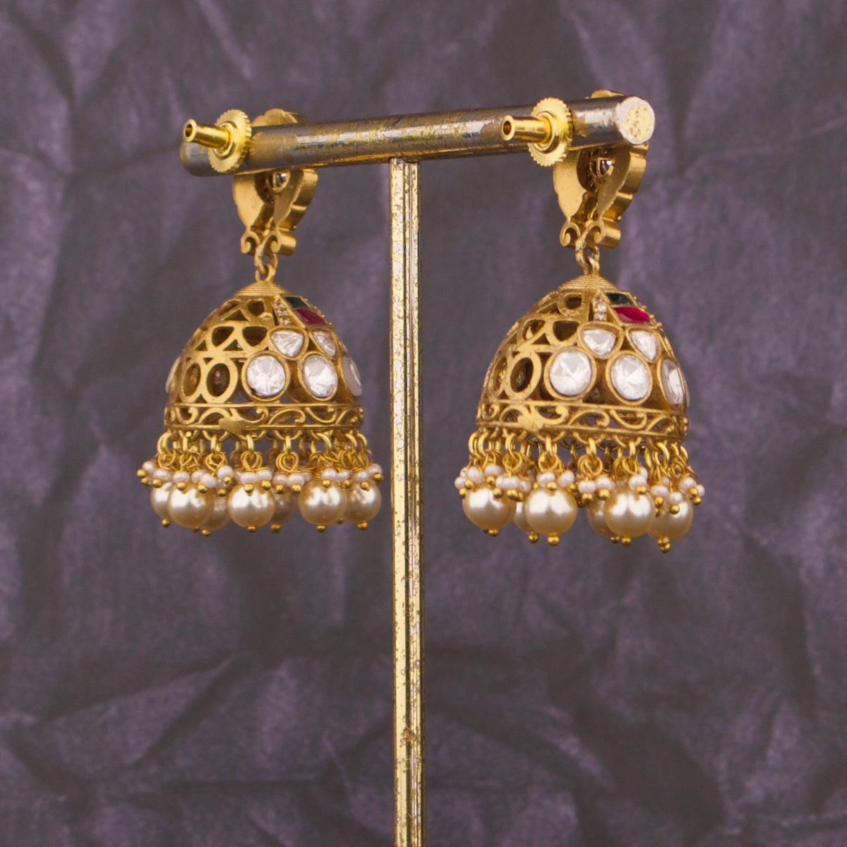 Graceful Fusion Polki x Jadau Kundan Jhumka Earrings Craftsmanship & Detail View - Dulhan Jewels