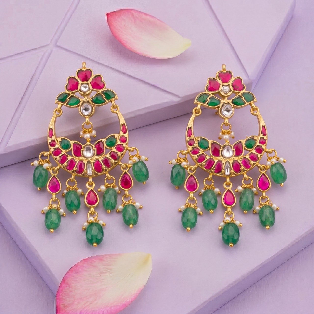 Regal Jadau Kundan Chandbali Earrings With Emerald Hangings