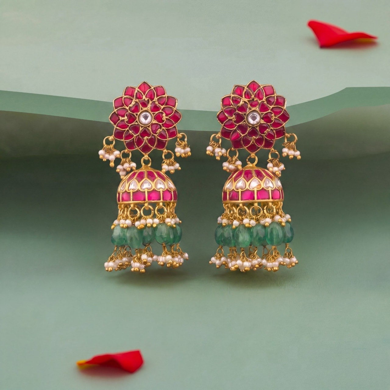 Regal Jadau Kundan Jhumki Earrings With Green Danglings - Premium Indian Ethnic Jewelry | Dulhan Jewels