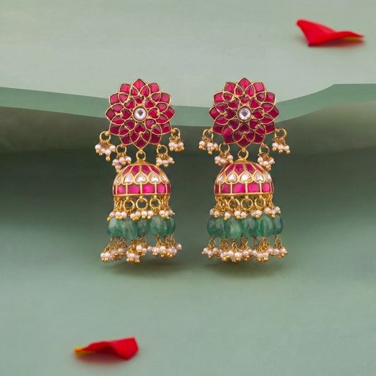 Regal Jadau Kundan Jhumki Earrings With Green Danglings - Premium Indian Ethnic Jewelry | Dulhan Jewels