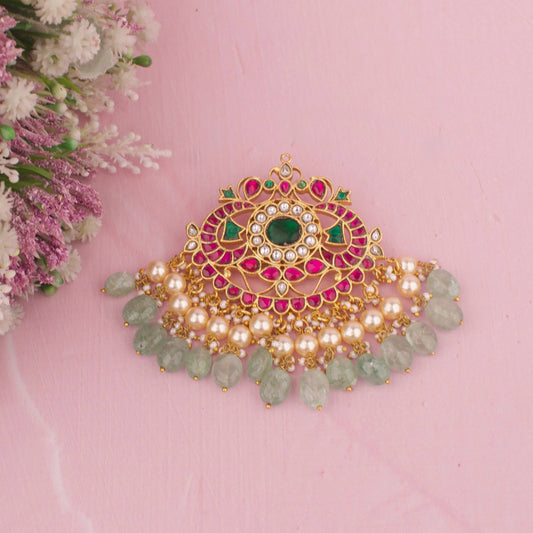 Exquisite Peacock floral Design Jadau Kundan Locket with Green Beads