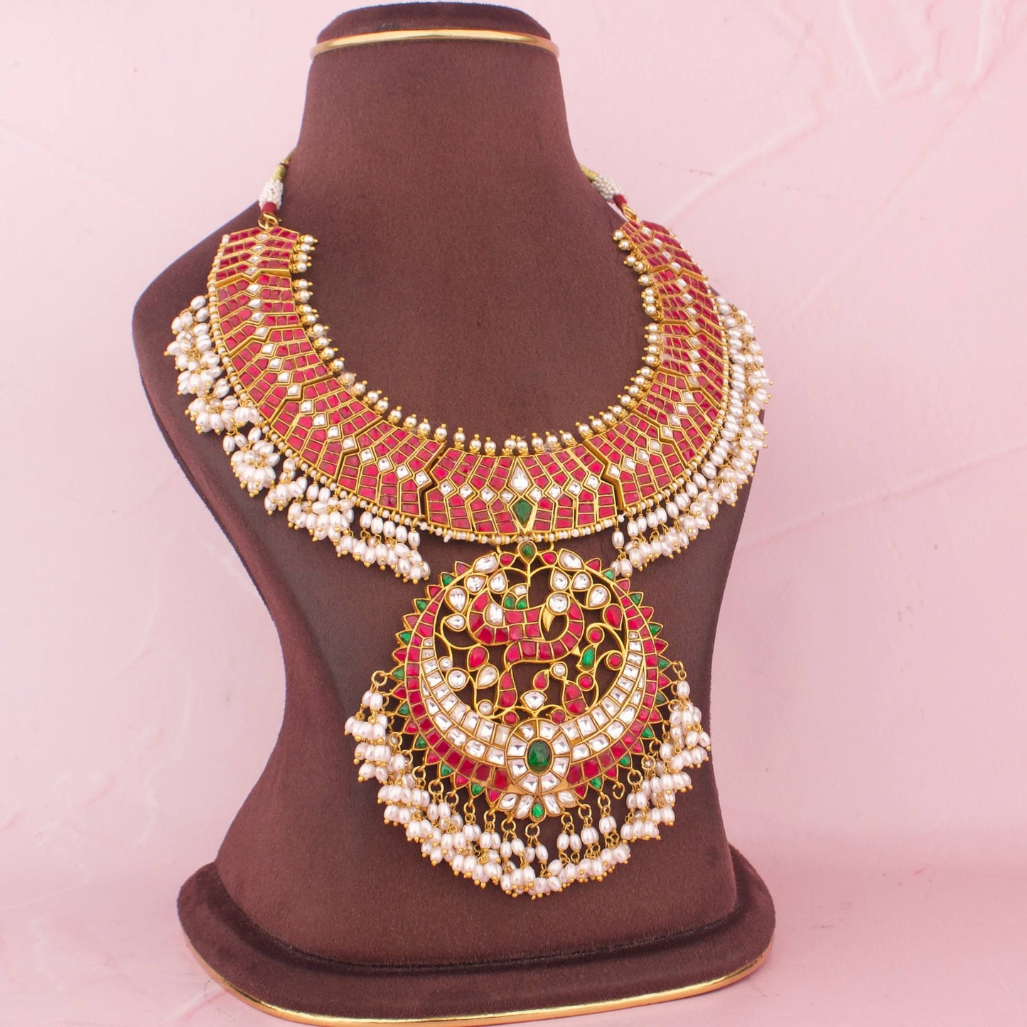 Bridal Jadau Kundan Necklace With Pearl Guttapusalu Detailing