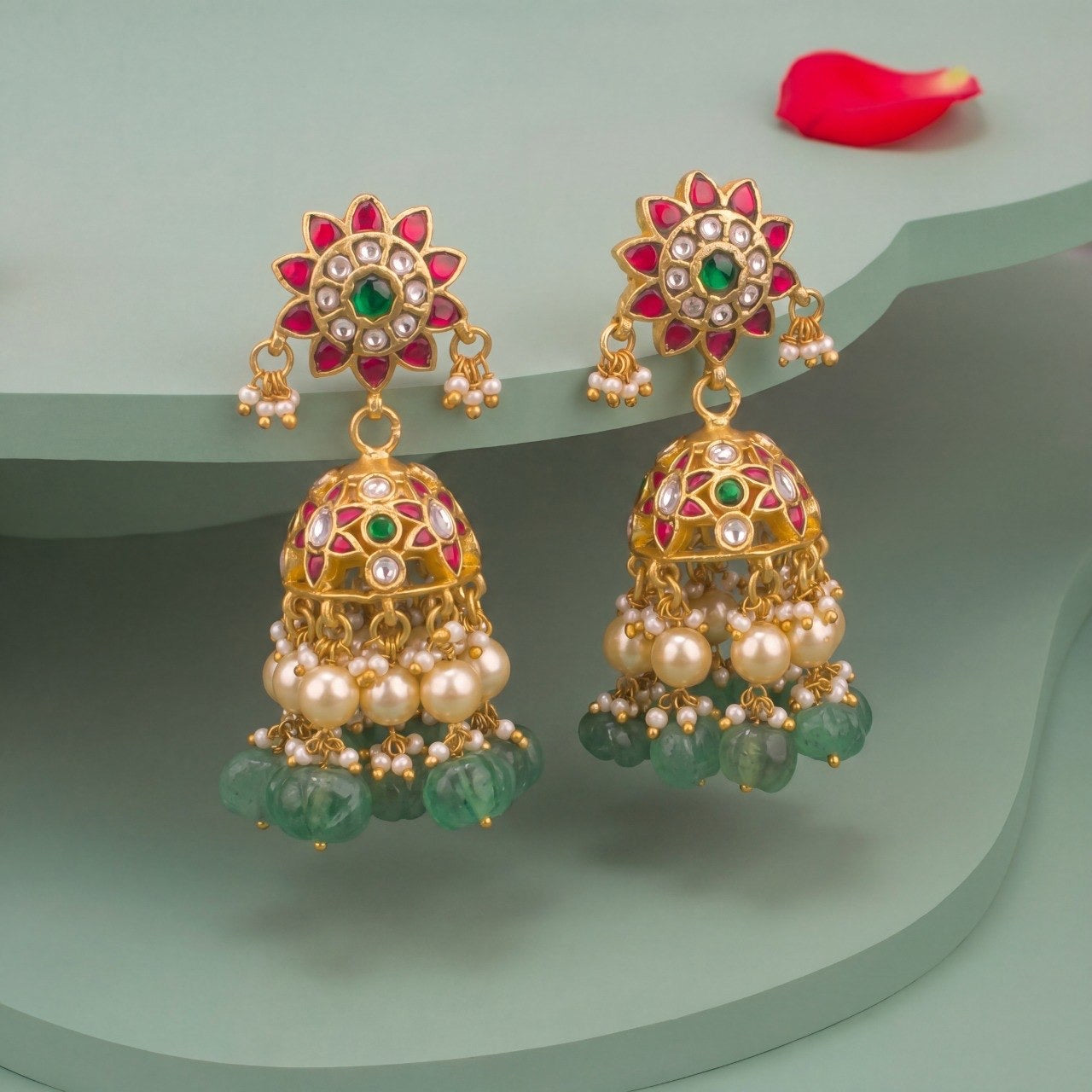 Unique Floral Studded Jadau Kundan Jhumki Earrings
