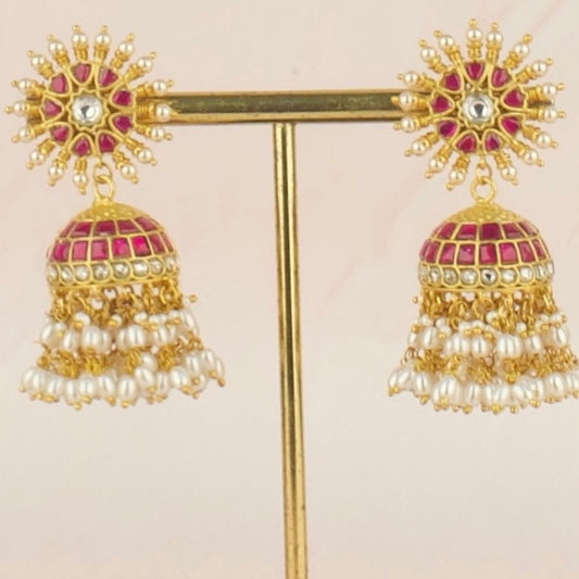 Grand Gold Style Jadau Kundan Jhumki With Guttapusalu Hanging