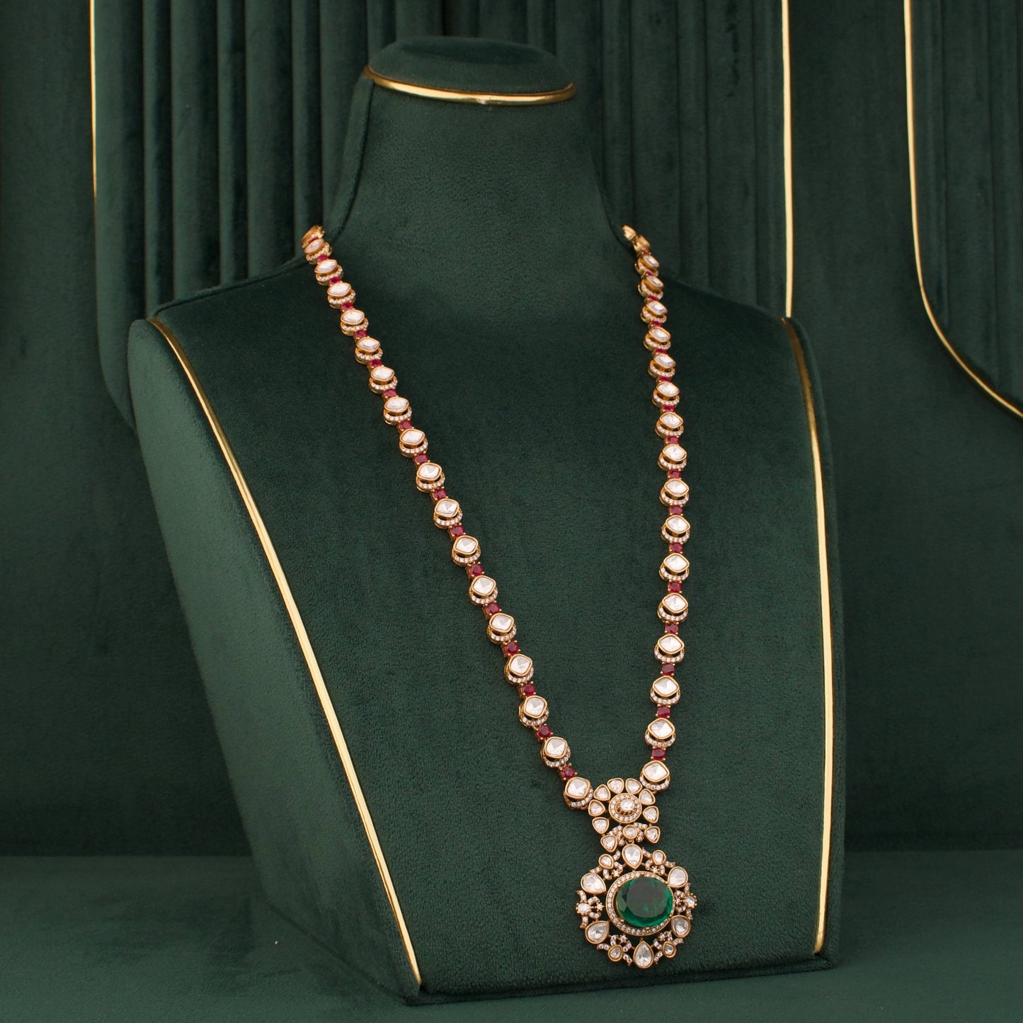 Elegant Emerald Polki Long Necklace With Pendant And Stud Earrings
