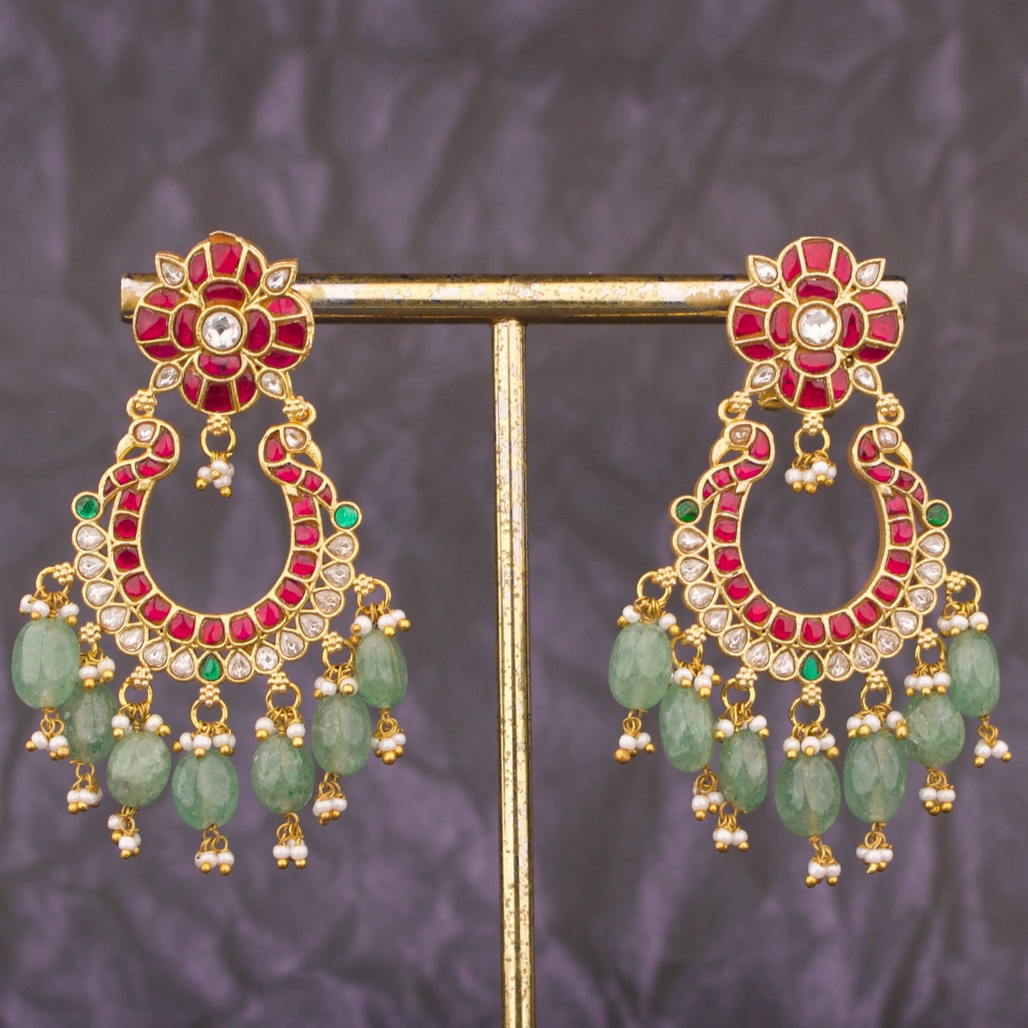 Floral Studded Jadau Kundan Chandbali Earrings With Beads Hangings