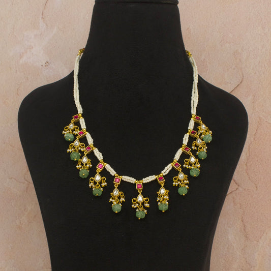 Exquisite Jadau Kundan Pearl Chain Necklace Set with Green Beads