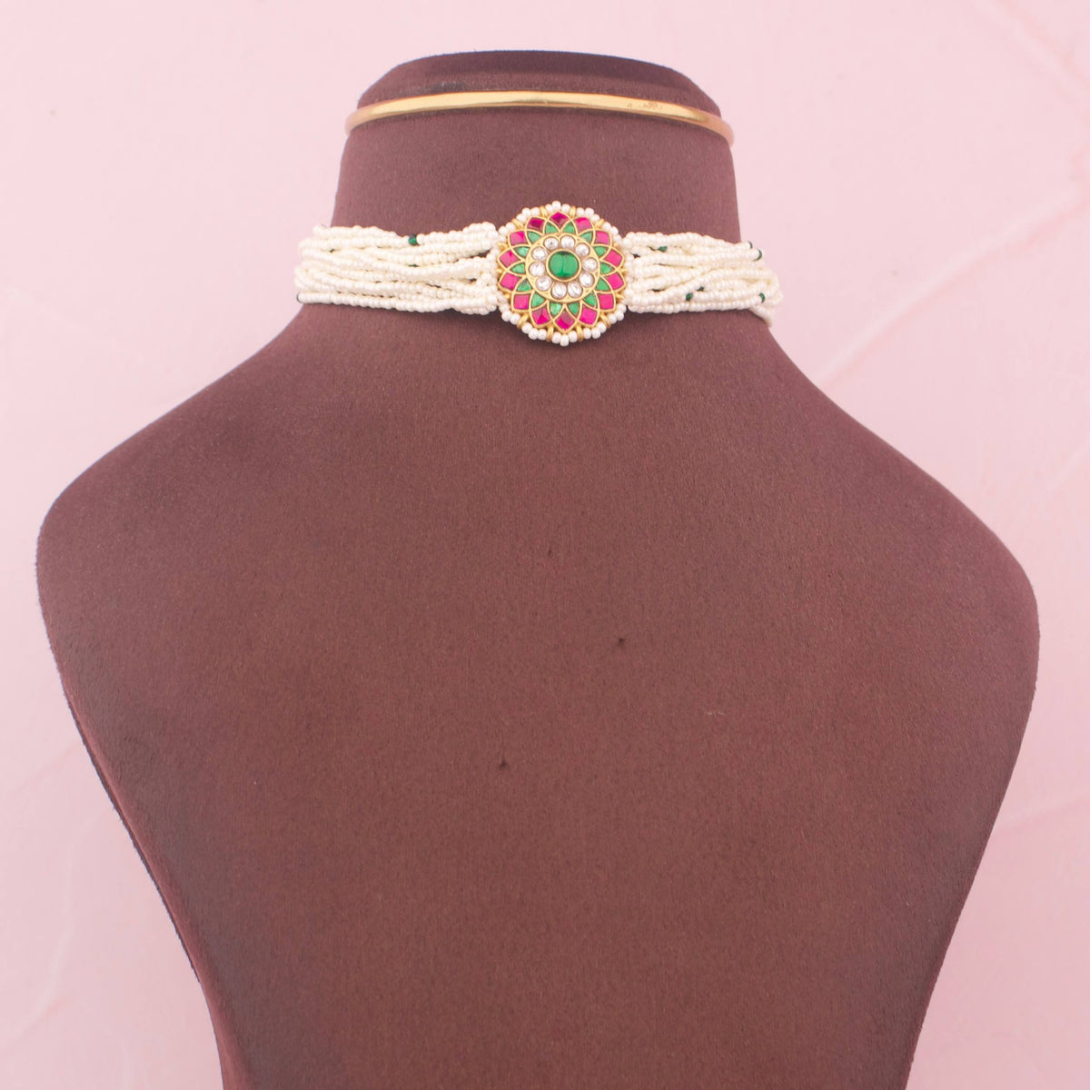 Jadau Kundan Pearl Choker With Floral Design at Center