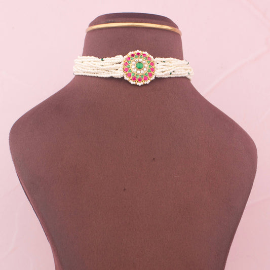 Jadau Kundan Pearl Choker With Floral Design at Center