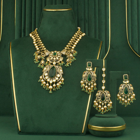 Grand Fusion Kundan & Polki Victorian Necklace Set with Green Beads