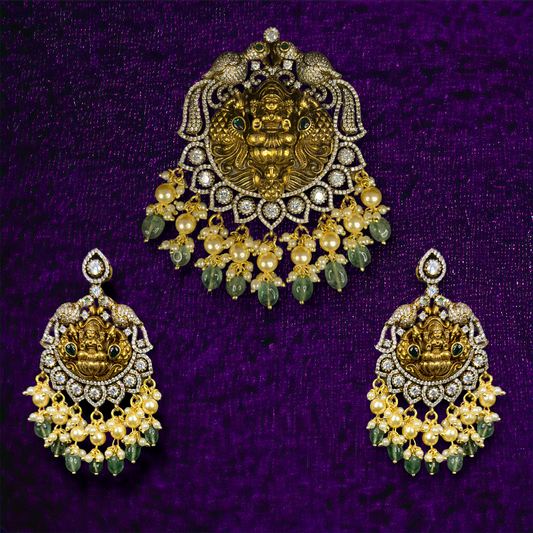 Victorian Pendant Set with Laxmi Devi Motif with Zircon, Pearl drops, and Russian Beads.