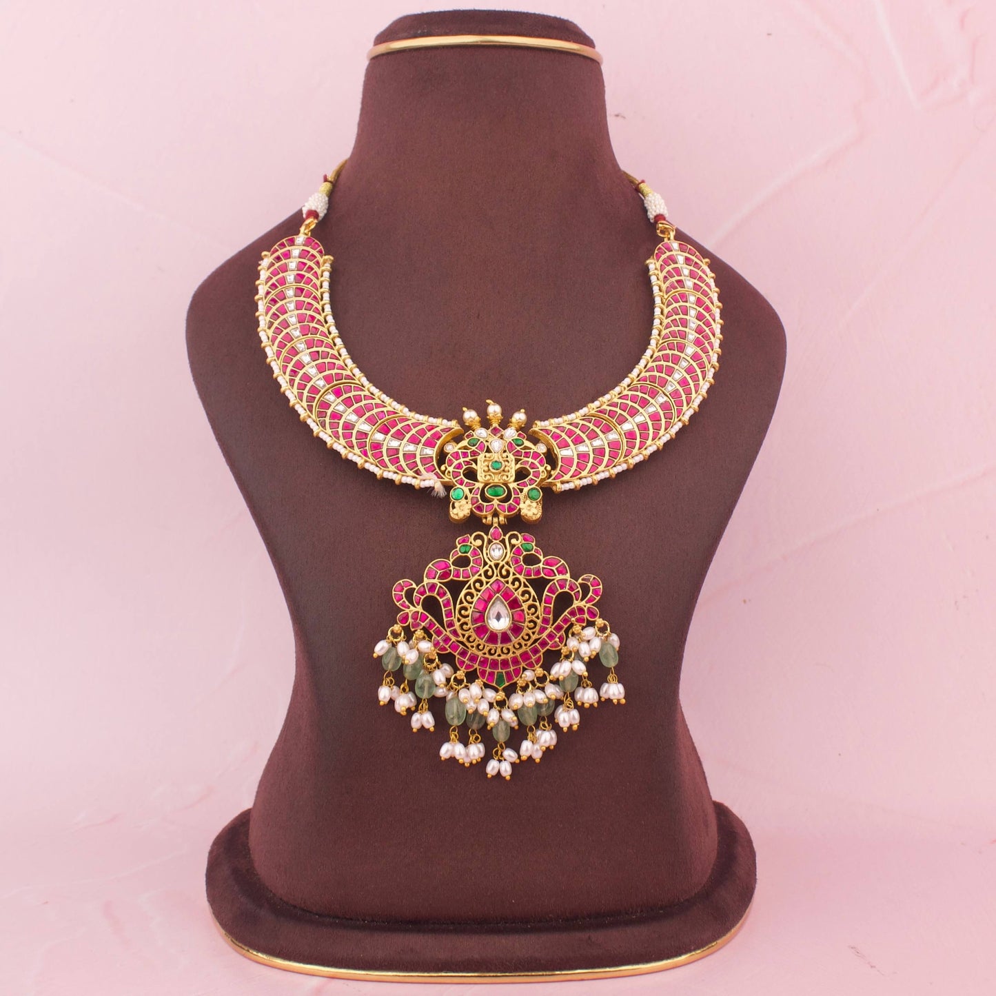Imperial Jadau Kundan Chand Locket Necklace With Peacock Centerpiece And Pearl-Green Hangings