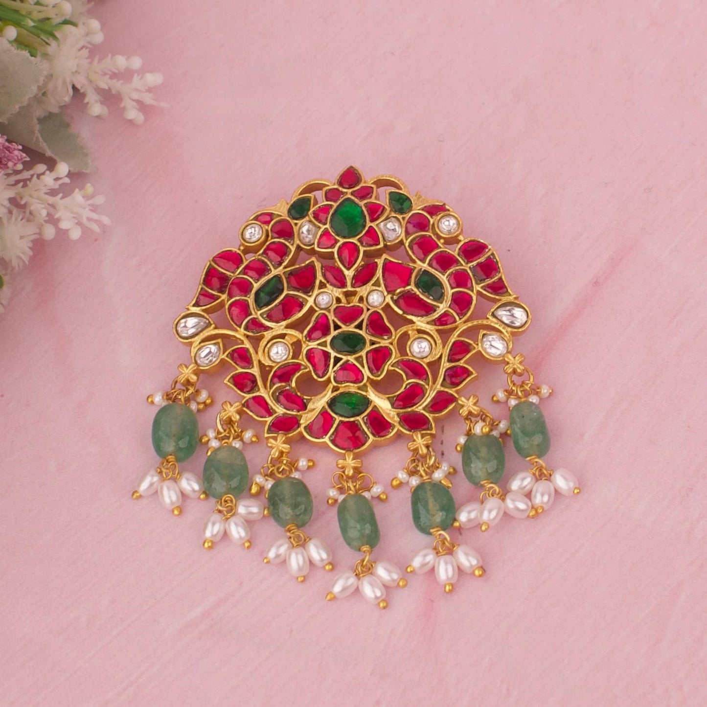 Floral Design Jadau Kundan Locket With Emerald Beads