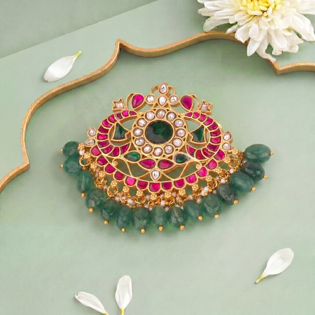 Designer Jadau Kundan Pendant With Green Hanging Beads