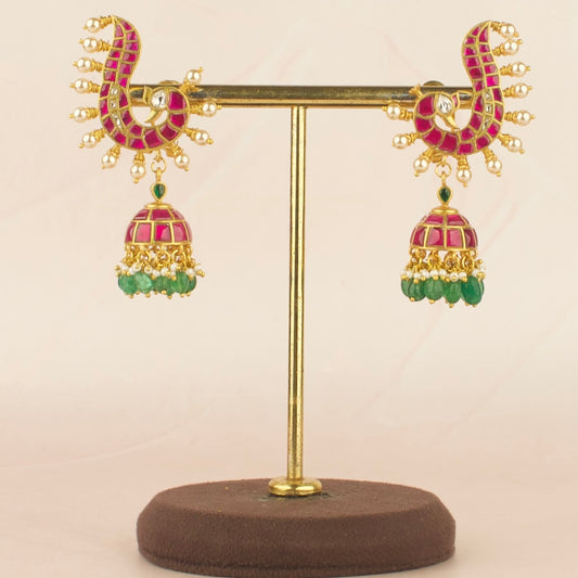 Peacock Studded Jadau Kundan Jhumka Earrings