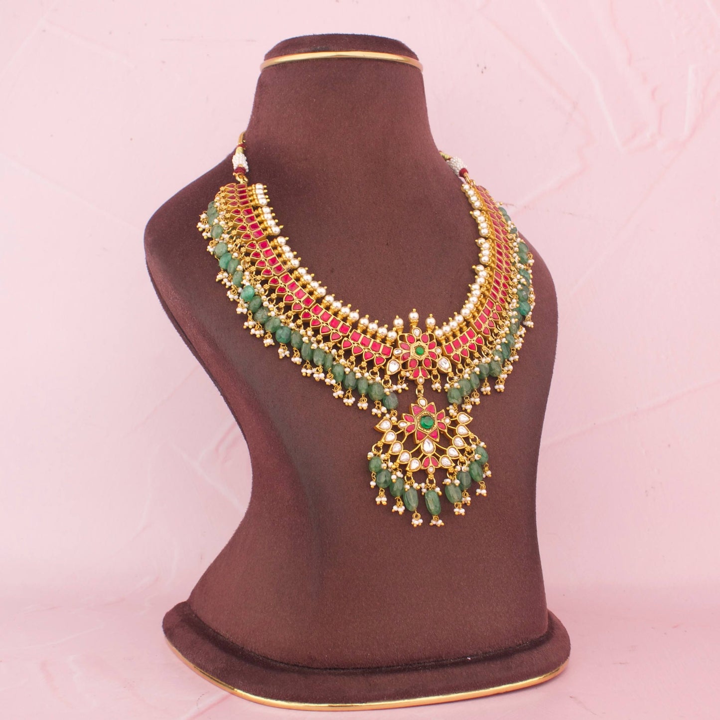 Royal Jadau Kundan Necklace With Green Beads - Alternate View 1