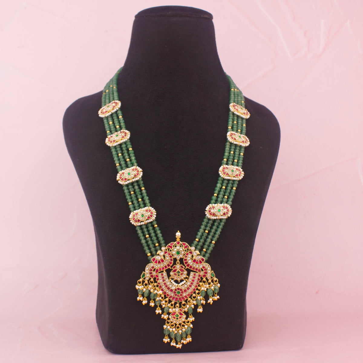 Traditional Jadau Kundan Necklace with Beaded Mala And Statement Pendant - Handcrafted Indian Bridal Jewelry by Dulhan Jewels