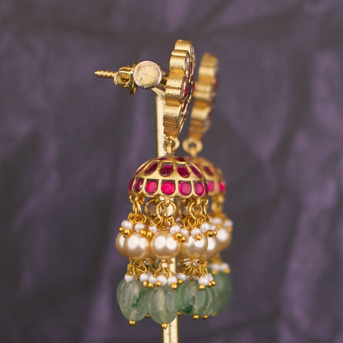 Floral Studded Jadau Kundan Jhumki With Pearl & Beads Hangings - Alternate View 1