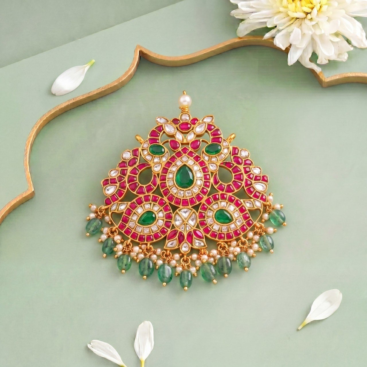Traditional Multi Colour Jadau Kundan Pendant With Green Beads Hanging