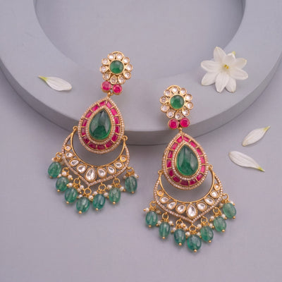 Elegant Victorian Polki Chandbali Earrings With Green Drops