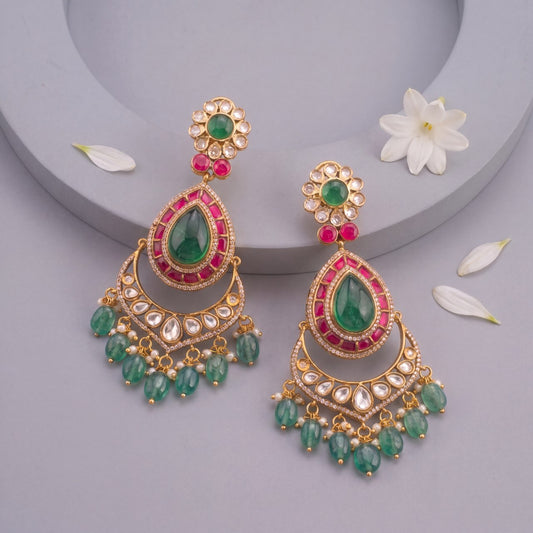 Elegant Victorian Polki Chandbali Earrings With Green Drops - Handcrafted Indian Bridal Jewelry by Dulhan Jewels