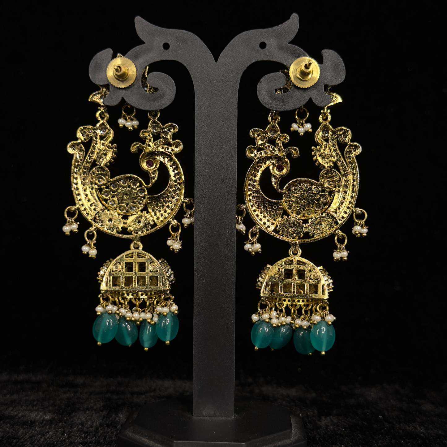 Victorian Chandbali x Jhumka Fusion Earrings with peacock motif