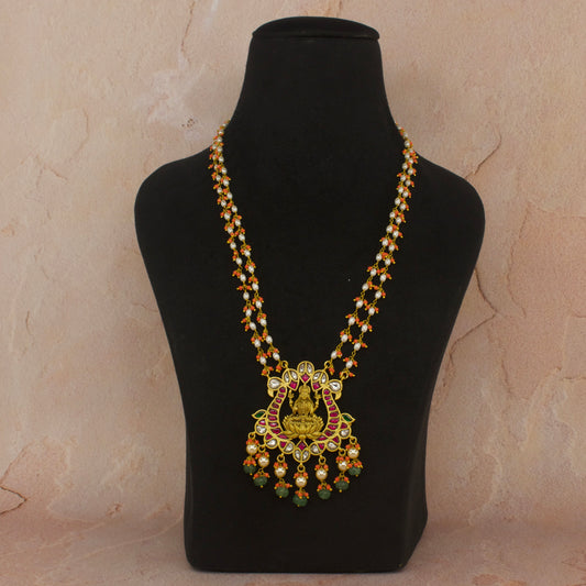 Coral Beads Jadau Kundan Temple Neck Chain