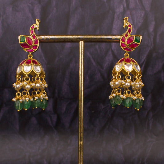 Peacock Studded Jadau Kundan Jhumki Earrings With Swarovski Pearl And Beads Hangings