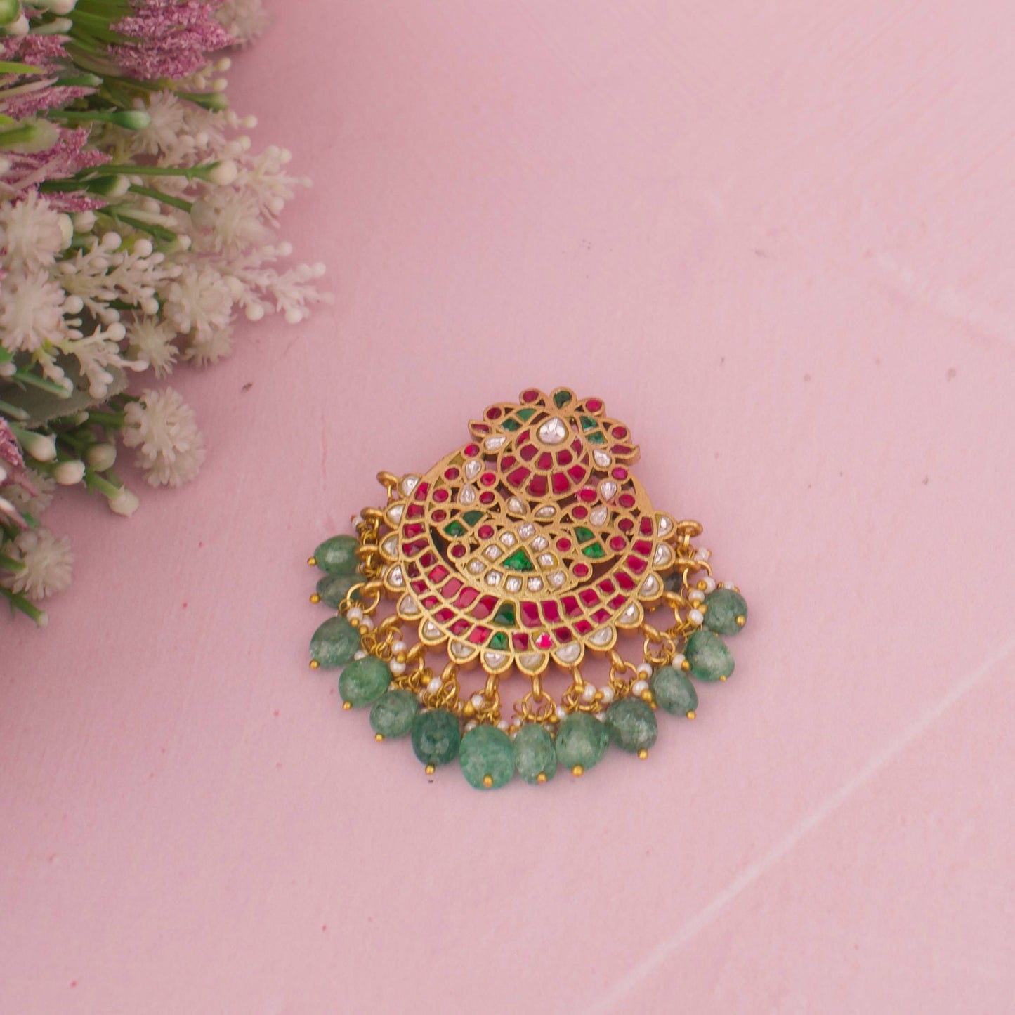 Grand Jadau Kundan Chand Shaped Pendant With Green Beads Hangings