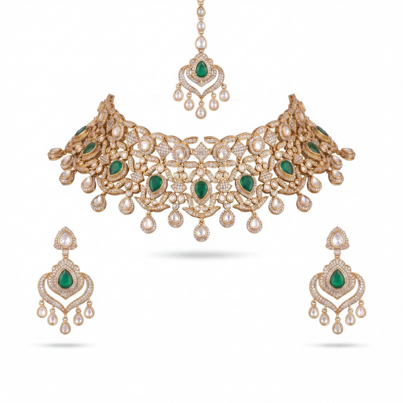 Bridal Victorian Polki Choker Set With Earrings And  Maangtika