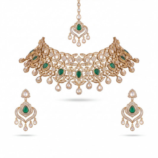 Bridal Victorian Polki Choker Set With Earrings And  Maangtika
