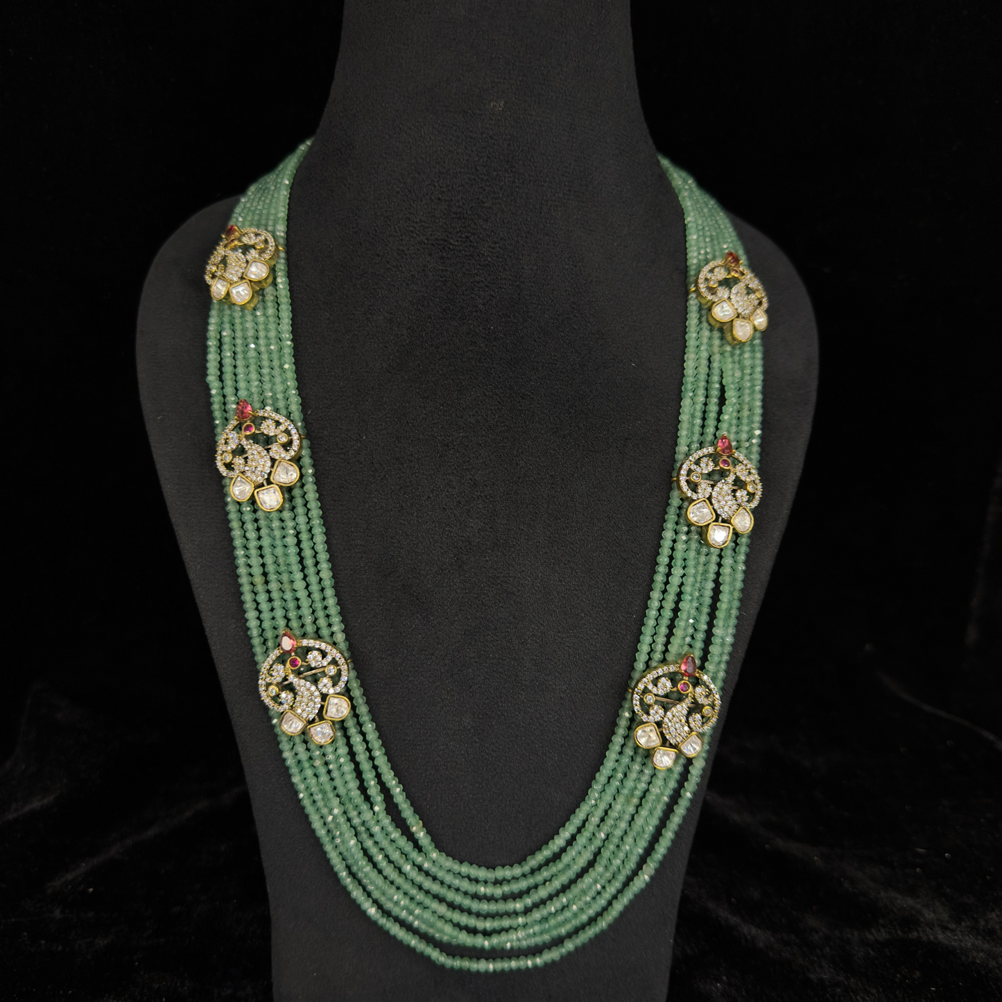 Statement Green Layered Necklace set with Zircon side pendants