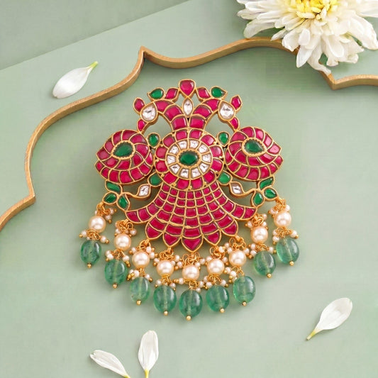 Traditional Jadau Kundan Locket With Emerald Beads