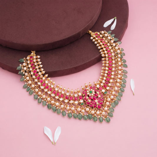 Classic Jadau Kundan Bridal Necklace With Pearl & Beads Hanging